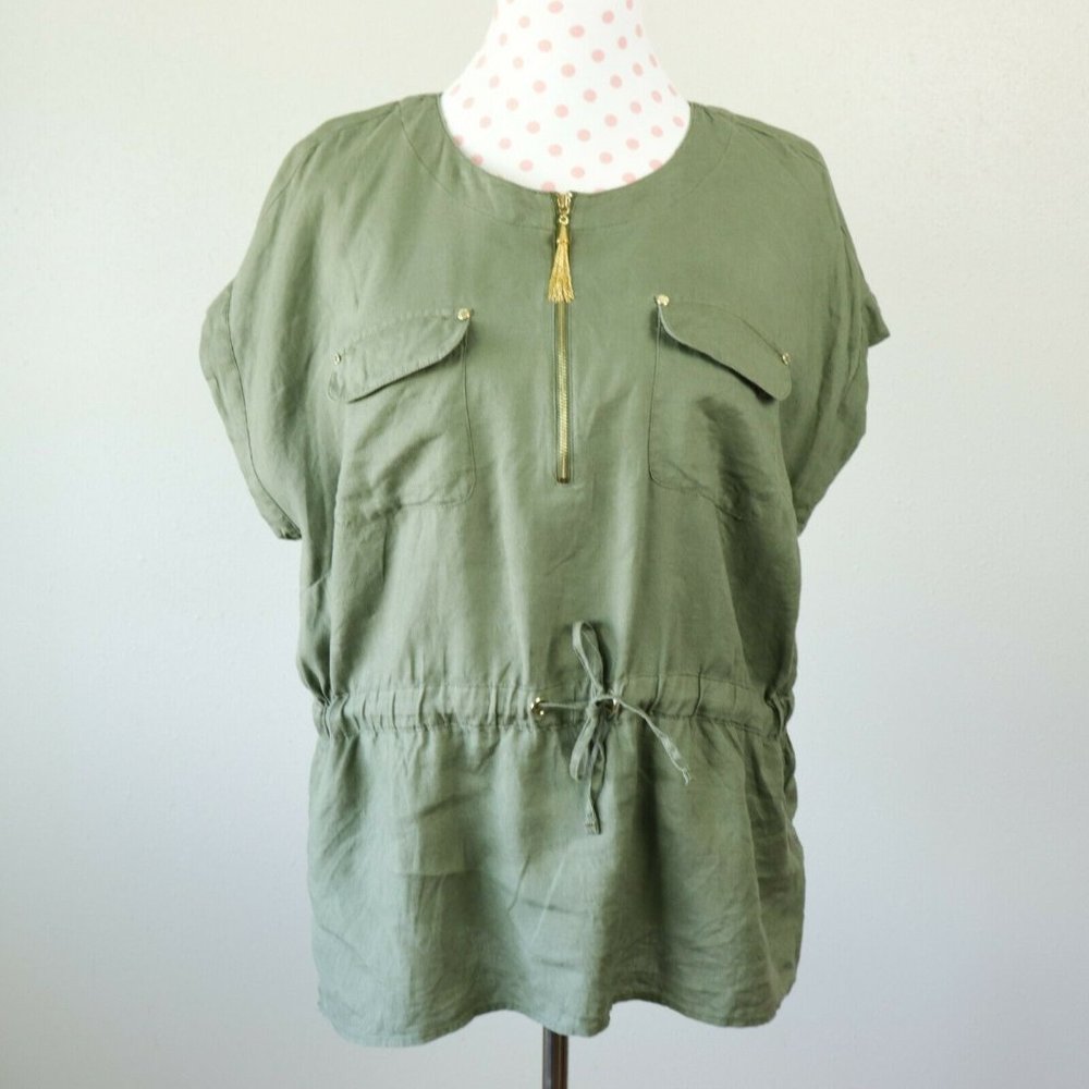 Ellen Tracy 100% Linen XL X-Large Olive Green Top/Blouse